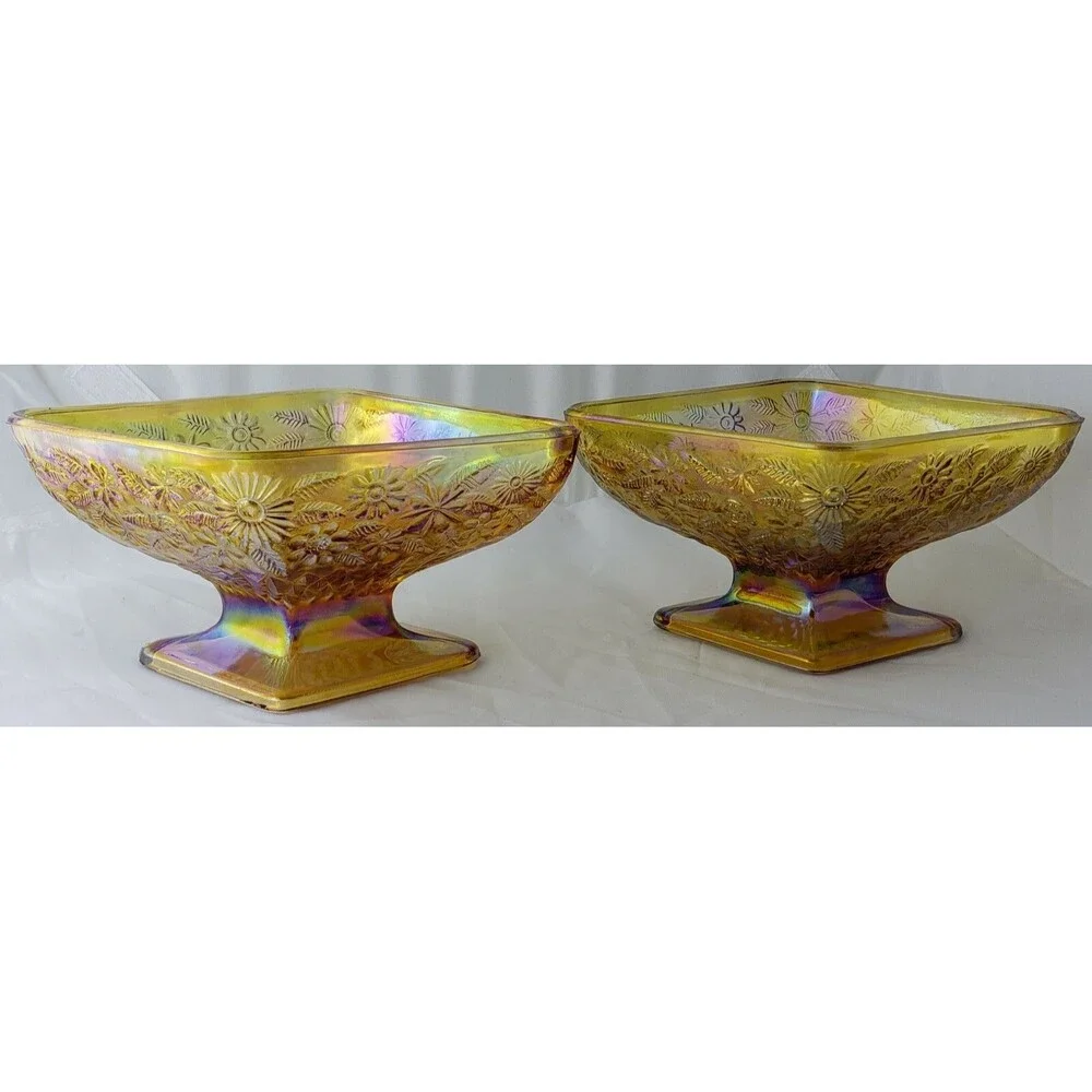 Vintage ~ Iridescent Amber Indiana Carnival Glass ~ Diamond Shaped Pedestal Dish